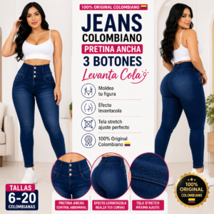 Pantalón Colombiano Azul Pretina Ancha 3 Botones Levanta Cola